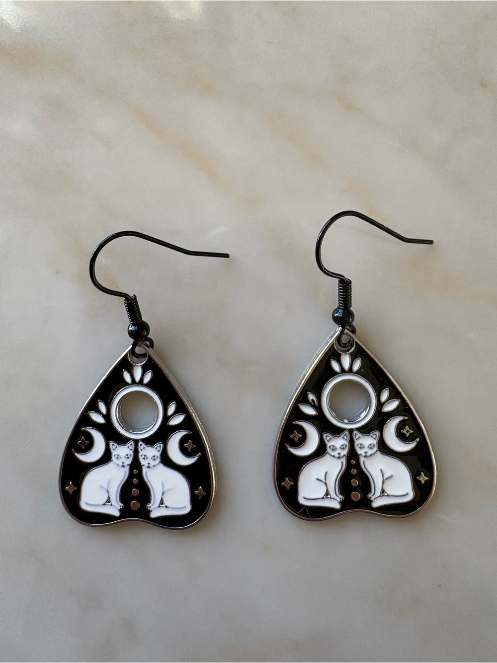 Black and White Cat Double-Sit Teardrop Earrings